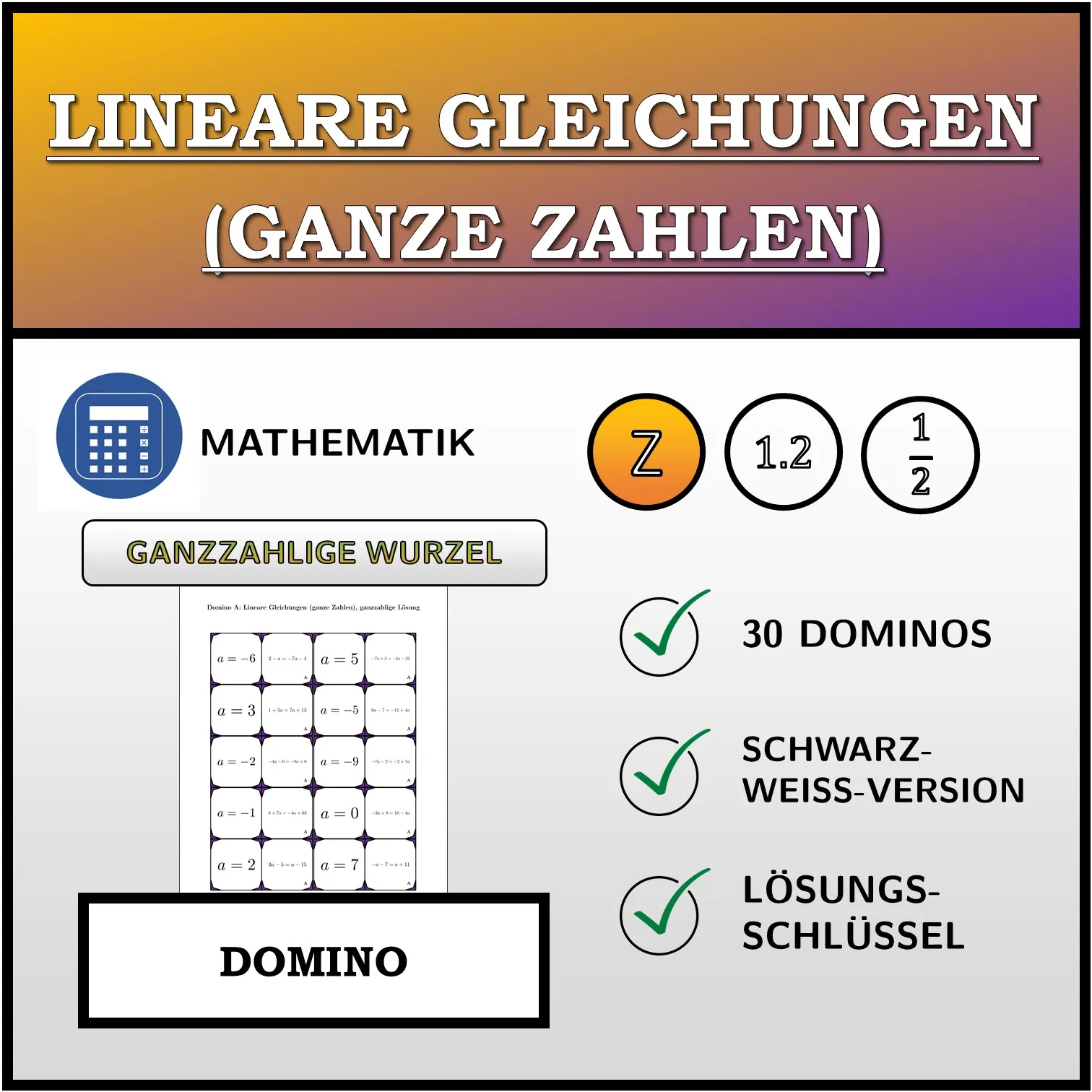 Domino: Lineare Gleichungen (ganze Zahlen), ganzzahlige Lösung