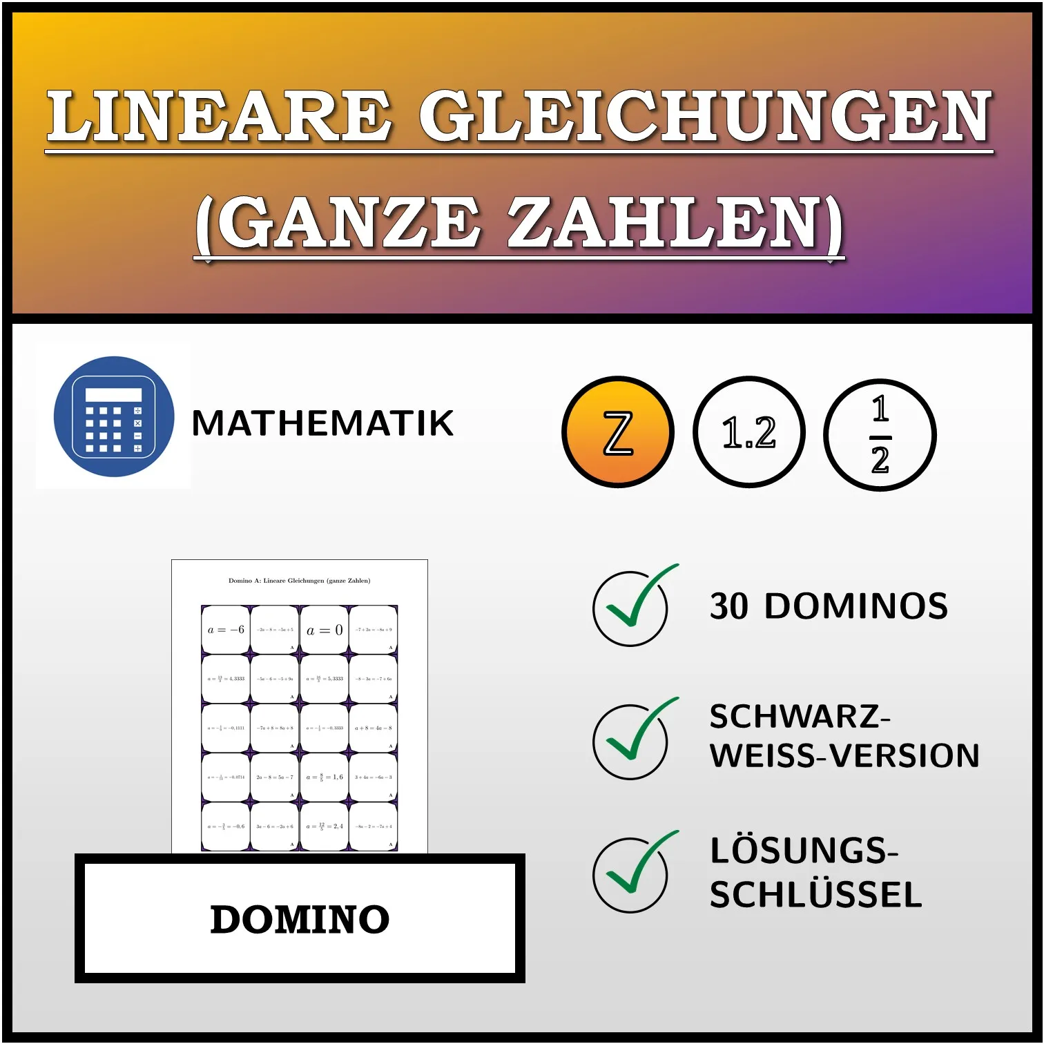 Domino: Lineare Gleichungen (ganze Zahlen)