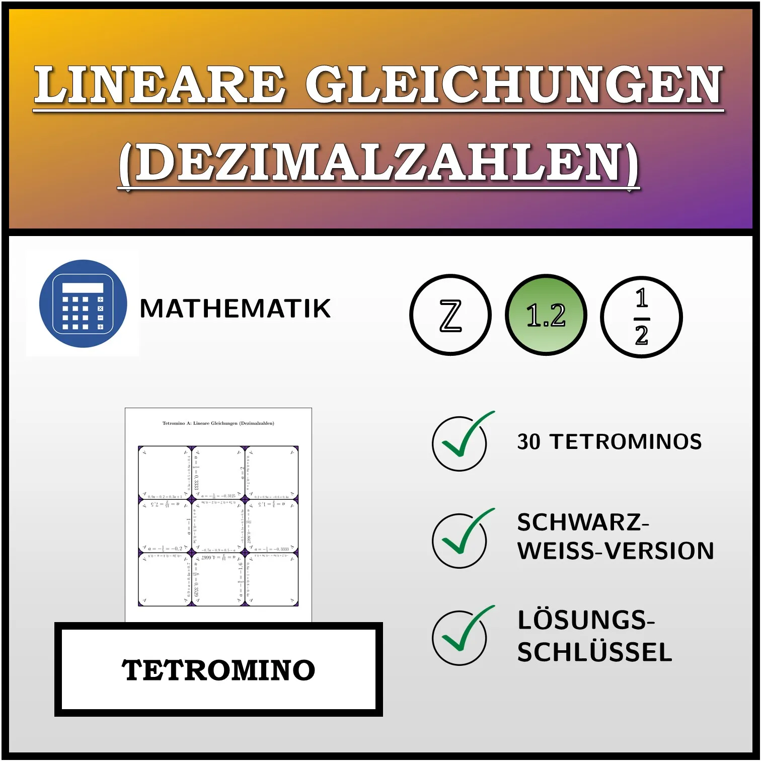 Tetromino: Lineare Gleichungen (Dezimalzahlen)