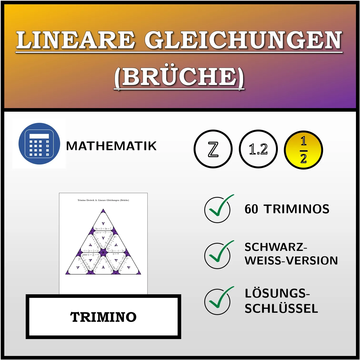 Trimino: Lineare Gleichungen (Brüche)