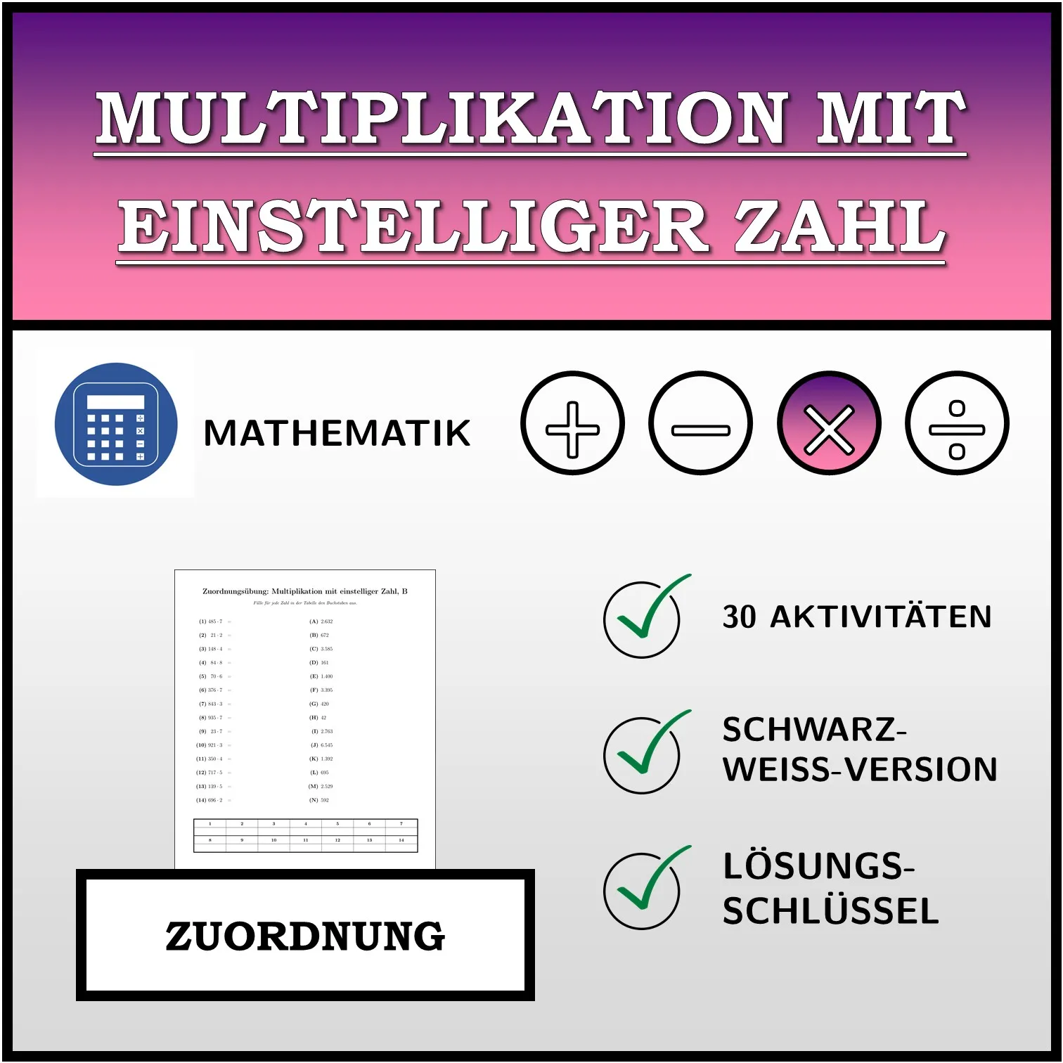 Zuordnungsübung: Multiplikation mit einstelliger Zahl