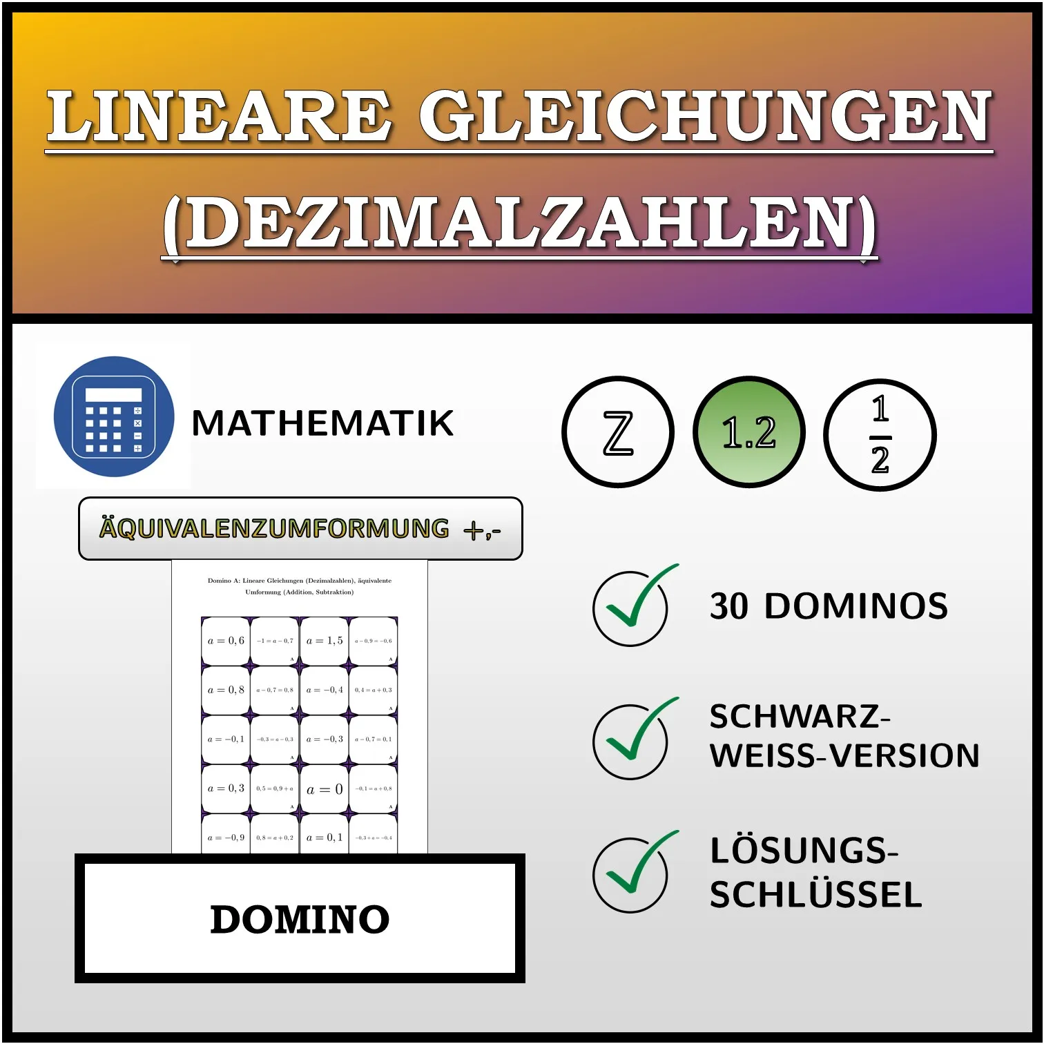 Domino: Lineare Gleichungen (Dezimalzahlen), äquivalente Umformung (Addition, Subtraktion)