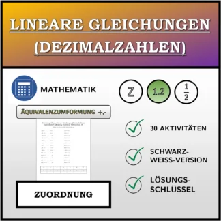 Zuordnungsübung: Lineare Gleichungen (Dezimalzahlen), äquivalente Umformung (Addition, Subtraktion)