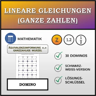 Domino: Lineare Gleichungen (ganze Zahlen), äquivalente Umformung (Multiplikation, Division), ganzzahlige Lösung