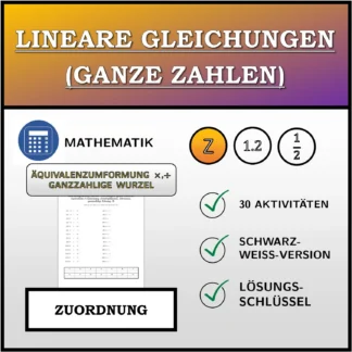 Zuordnungsübung: Lineare Gleichungen (ganze Zahlen), äquivalente Umformung (Multiplikation, Division), ganzzahlige Lösung