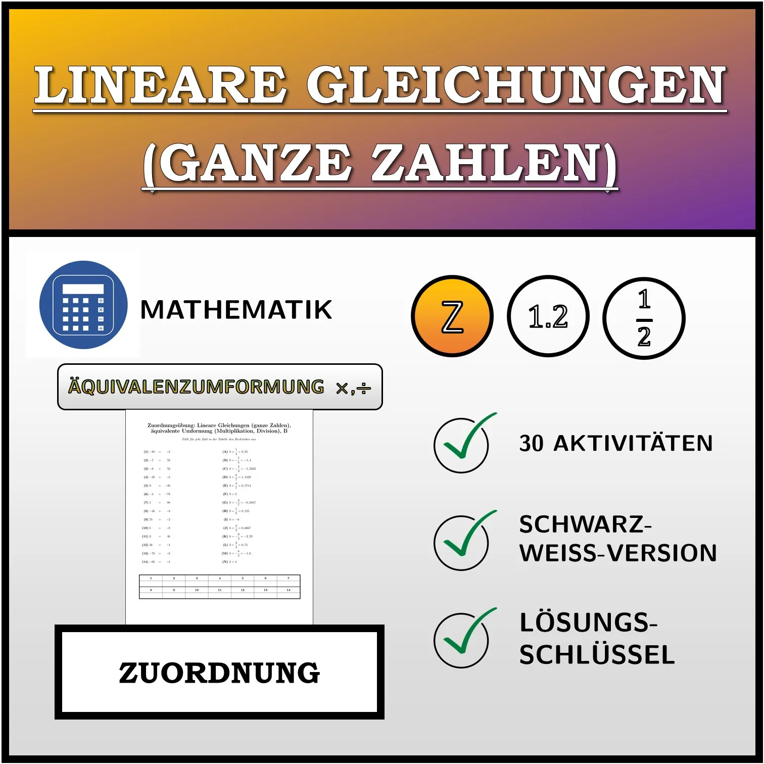 Zuordnungsübung: Lineare Gleichungen (ganze Zahlen), äquivalente Umformung (Multiplikation, Division)