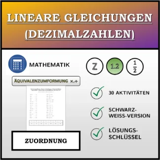 Zuordnungsübung: Lineare Gleichungen (Dezimalzahlen), äquivalente Umformung (Multiplikation, Division)
