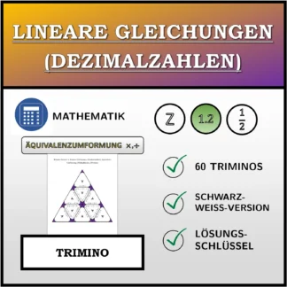 Trimino: Lineare Gleichungen (Dezimalzahlen), äquivalente Umformung (Multiplikation, Division)