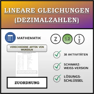 Zuordnungsübung: Lineare Gleichungen (Dezimalzahlen), verschiedene Lösungsarten