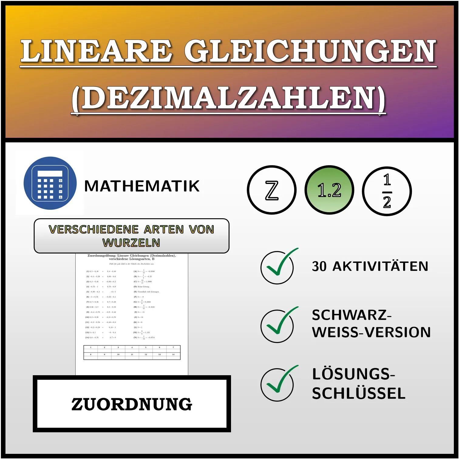 Zuordnungsübung: Lineare Gleichungen (Dezimalzahlen), verschiedene Lösungsarten