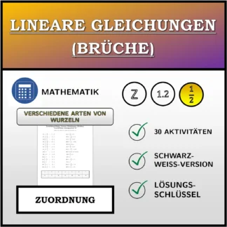 Zuordnungsübung: Lineare Gleichungen (Brüche), verschiedene Lösungsarten