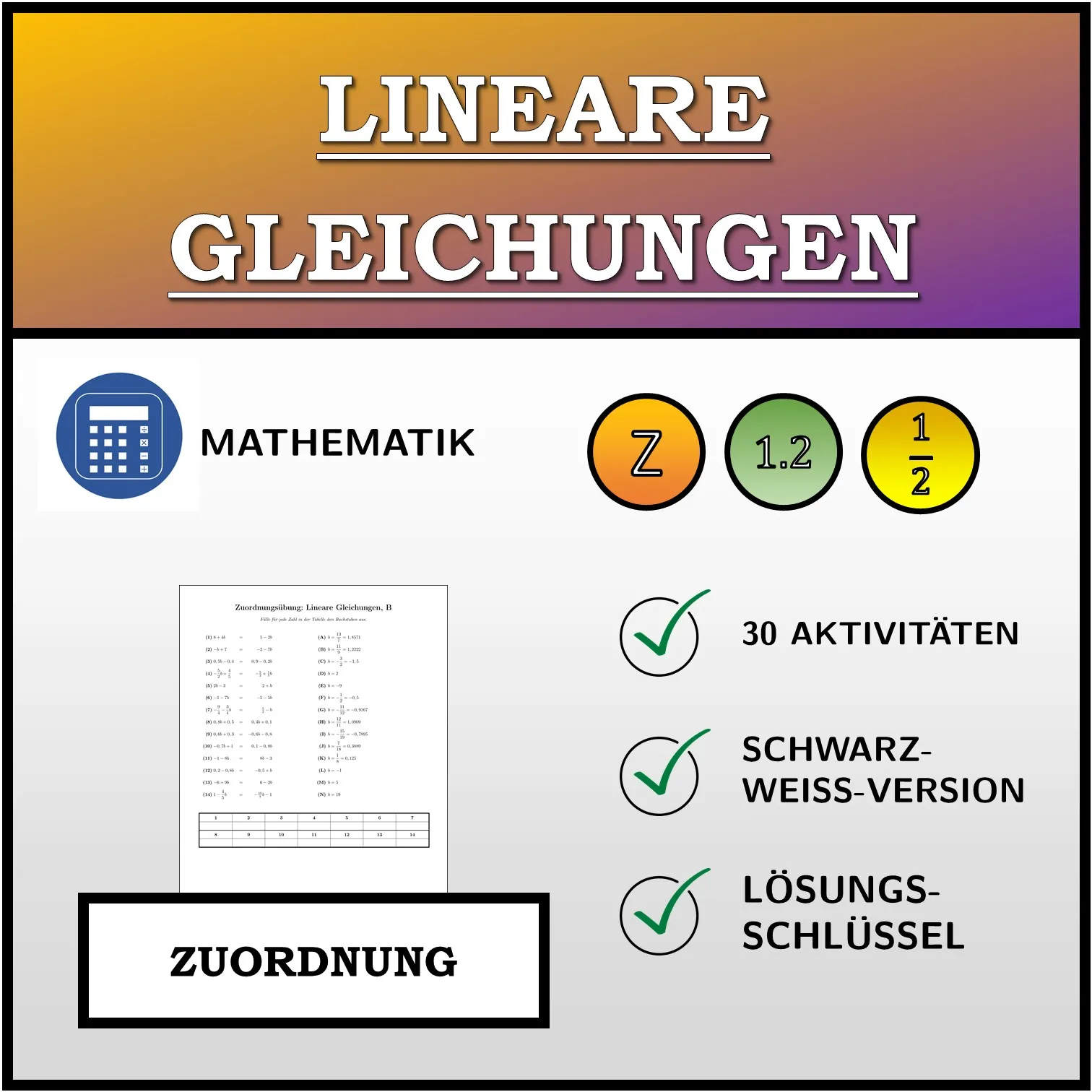 Zuordnungsübung: Lineare Gleichungen