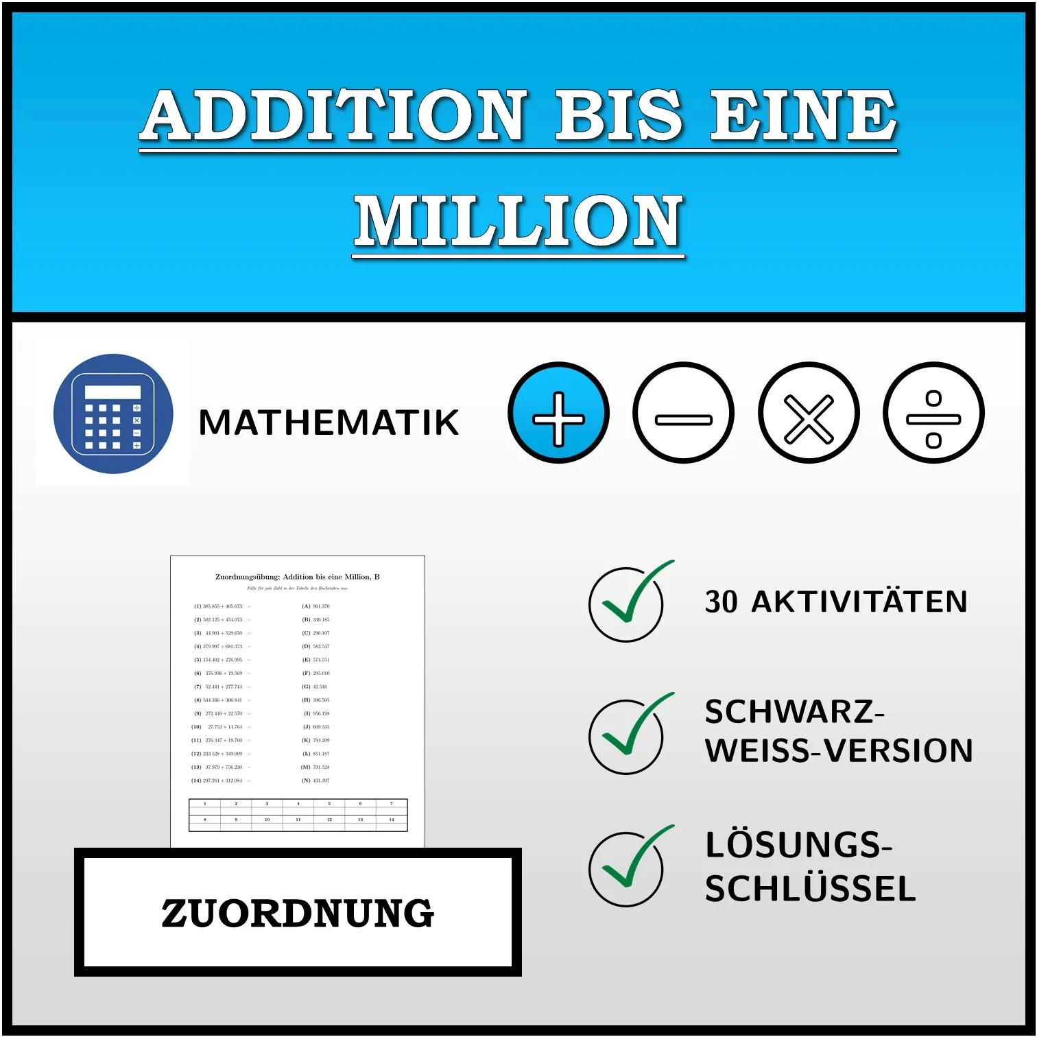 Zuordnungsübung: Addition bis eine Million
