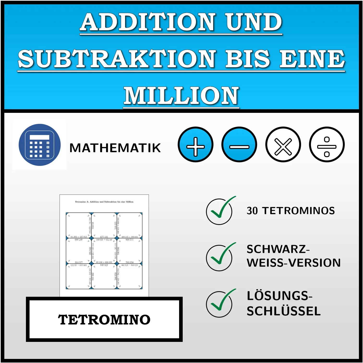 Tetromino: Addition und Subtraktion bis eine Million