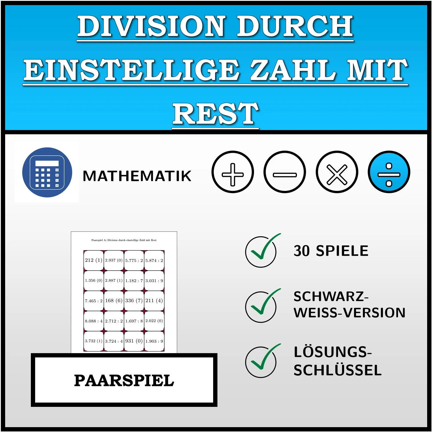 Paarspiel: Division durch einstellige Zahl mit Rest