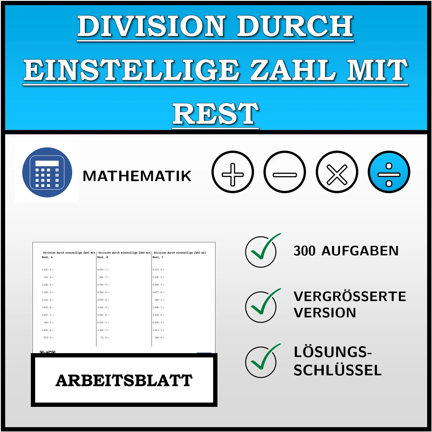Arbeitsblatt: Division durch einstellige Zahl mit Rest
