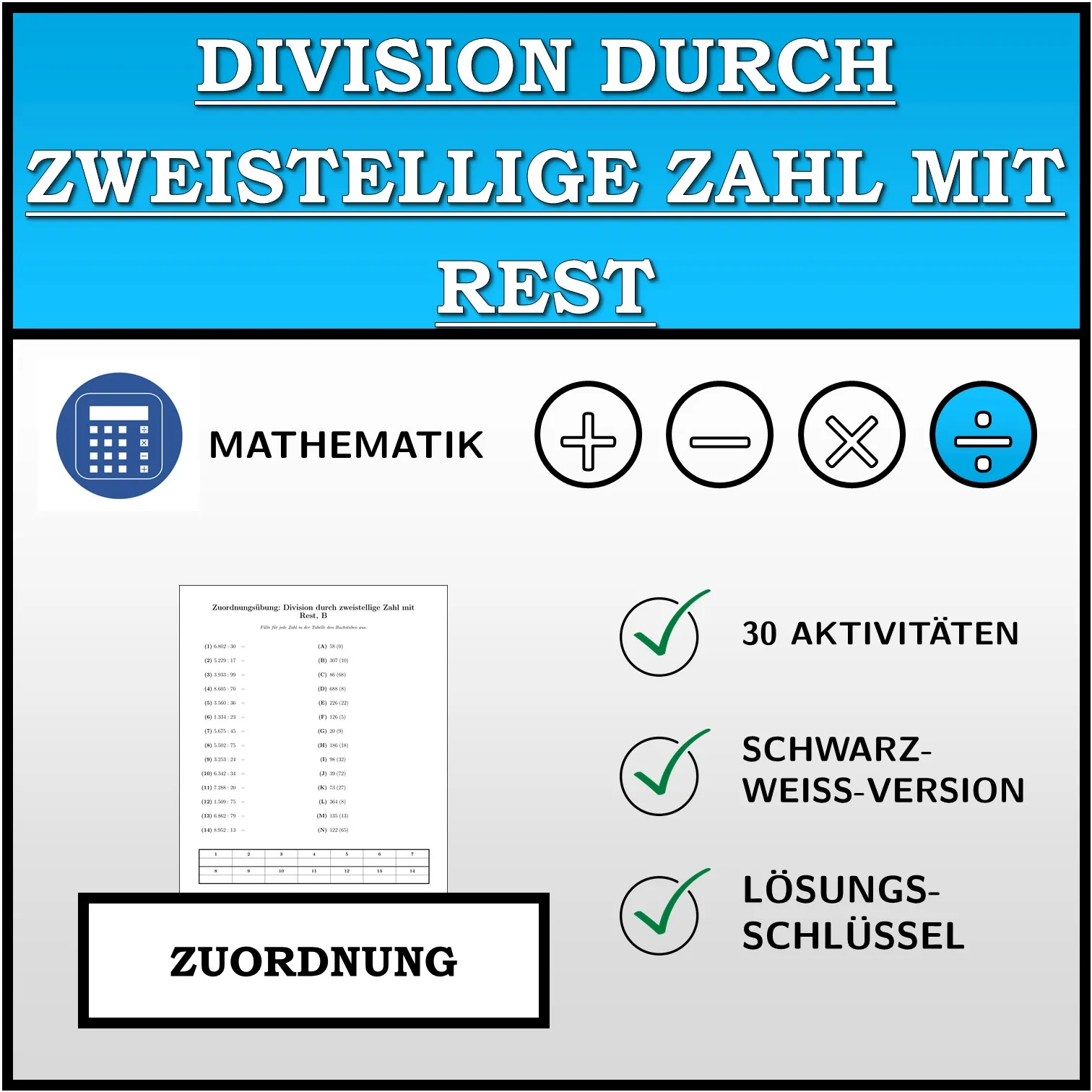 Zuordnungsübung: Division durch zweistellige Zahl mit Rest