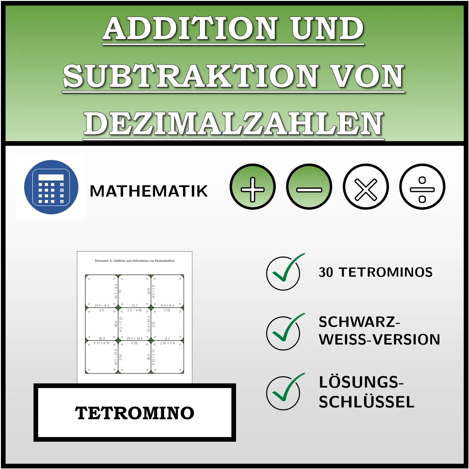 Tetromino: Addition und Subtraktion von Dezimalzahlen