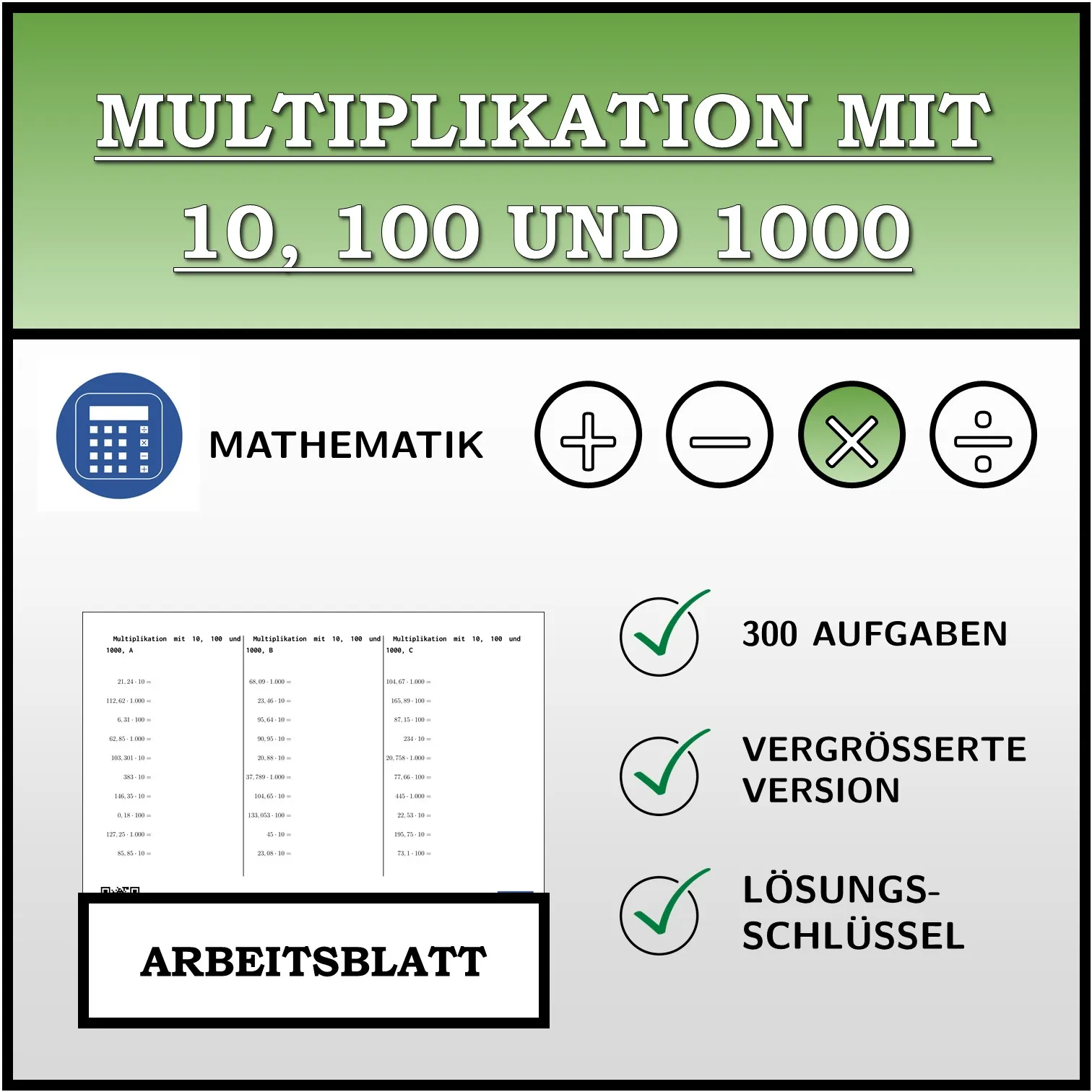 Arbeitsblatt: Multiplikation mit 10, 100 und 1000