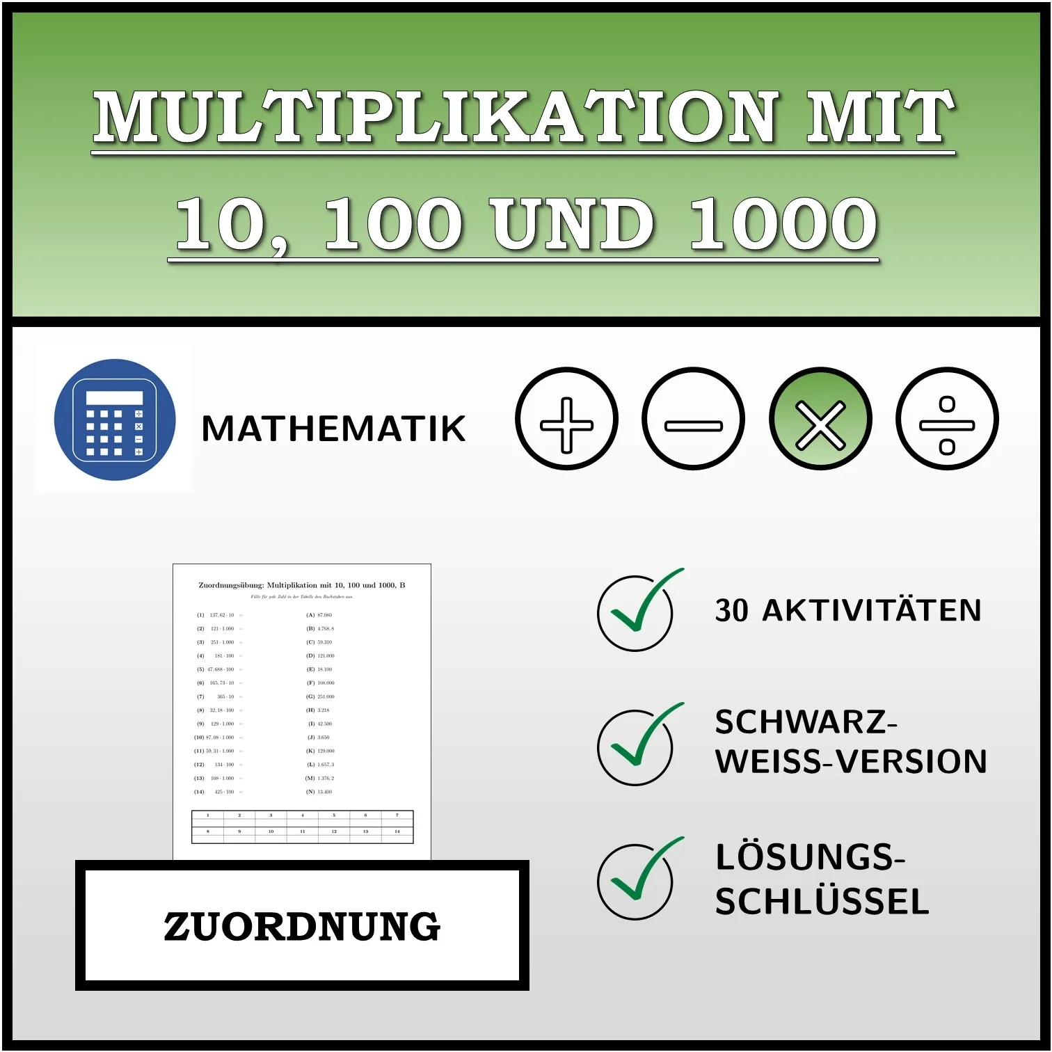 Zuordnungsübung: Multiplikation mit 10, 100 und 1000