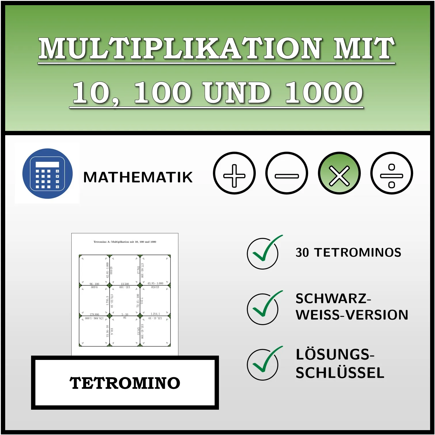 Tetromino: Multiplikation mit 10, 100 und 1000