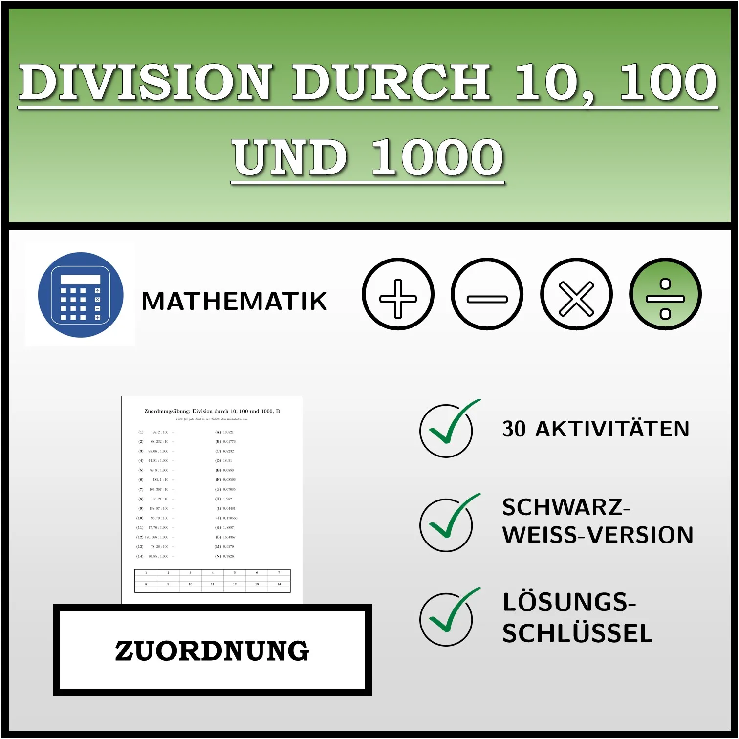 Zuordnungsübung: Division durch 10, 100 und 1000