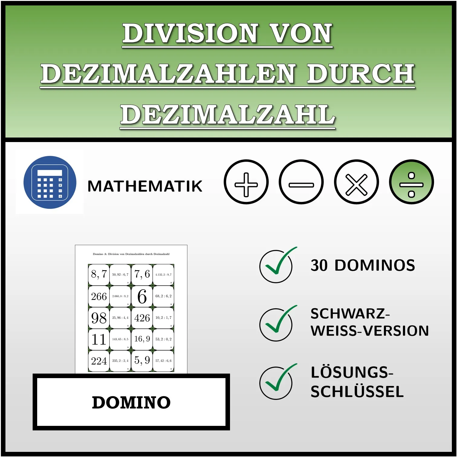 Domino: Division von Dezimalzahlen durch Dezimalzahl