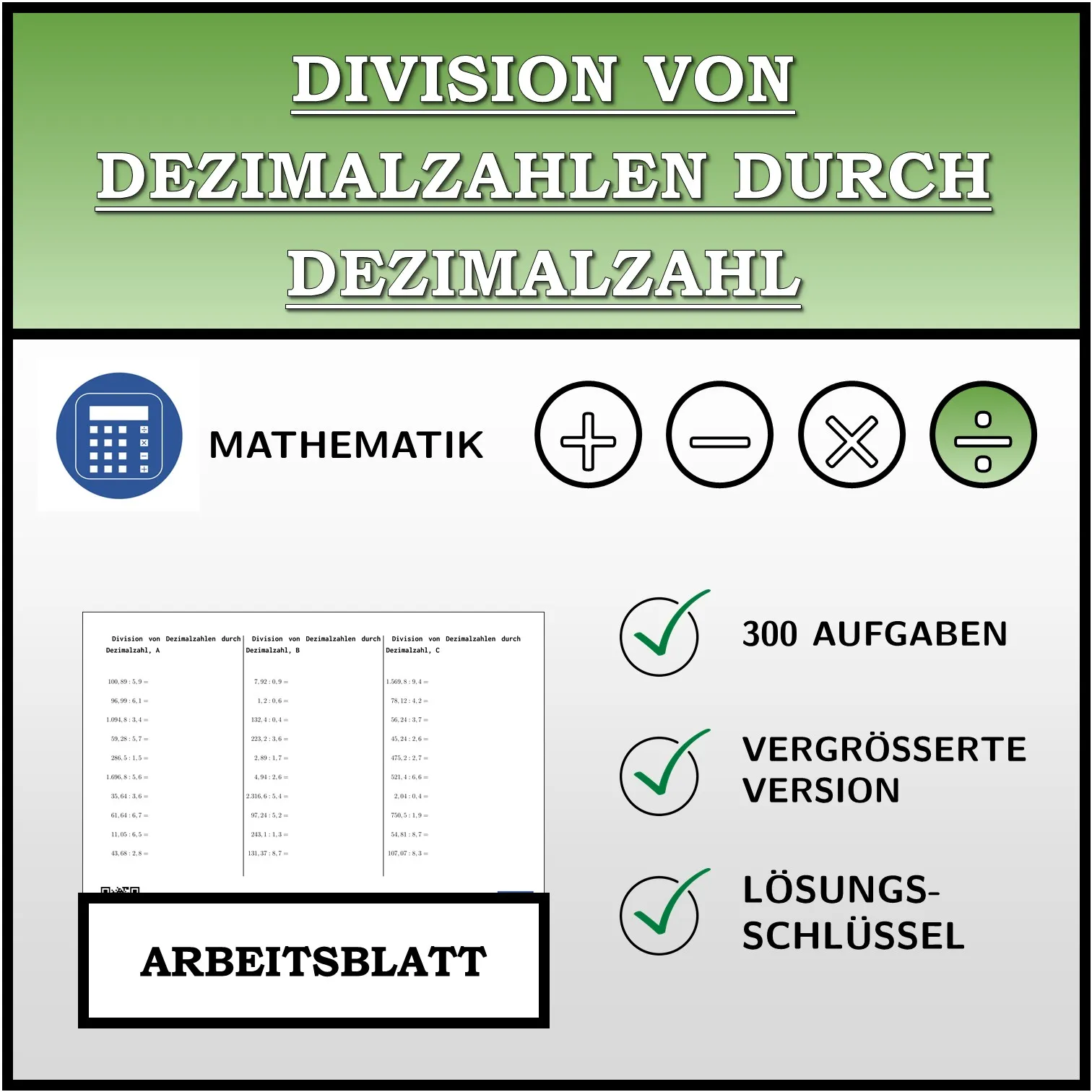 Arbeitsblatt: Division von Dezimalzahlen durch Dezimalzahl