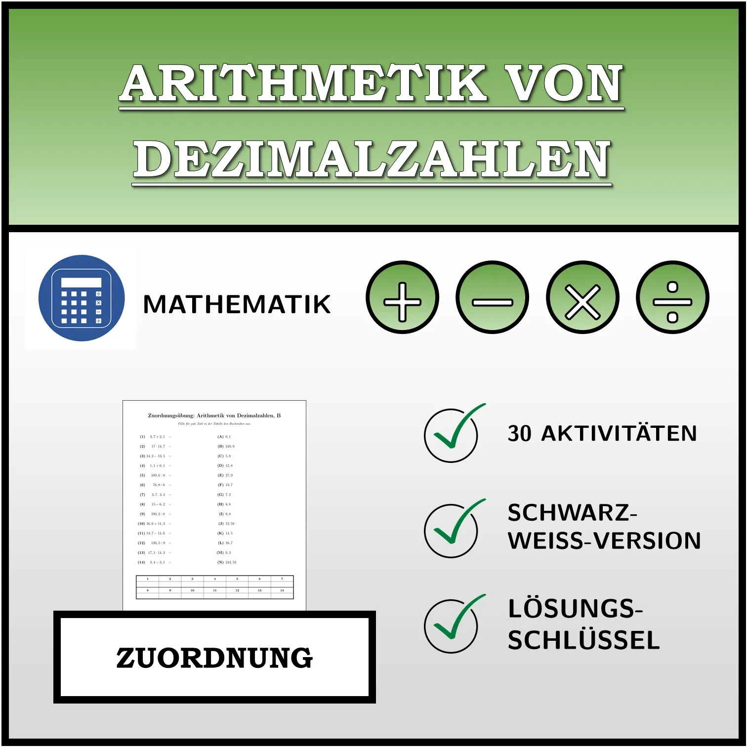 Zuordnungsübung: Arithmetik von Dezimalzahlen