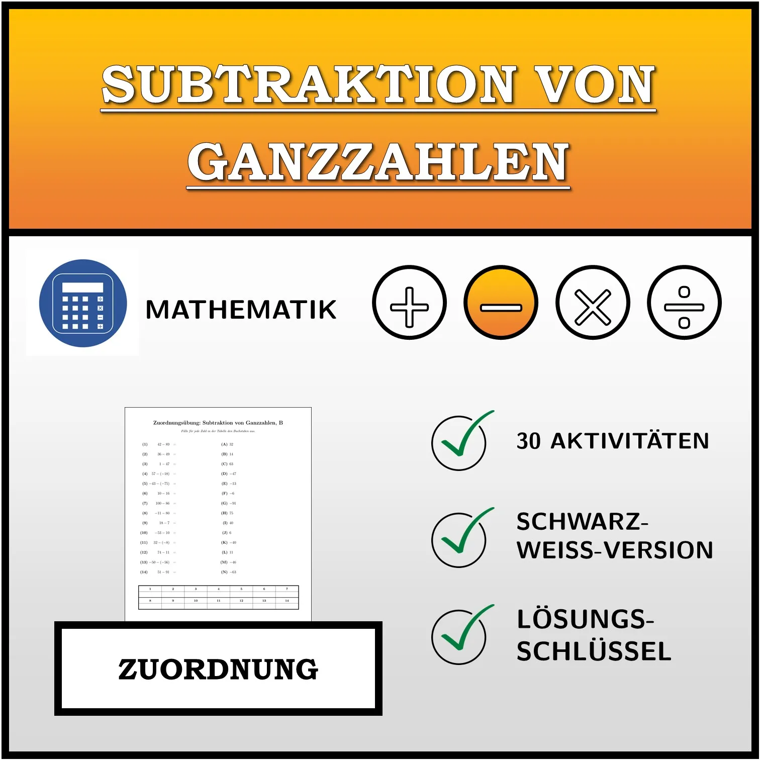 Zuordnungsübung: Subtraktion von Ganzzahlen