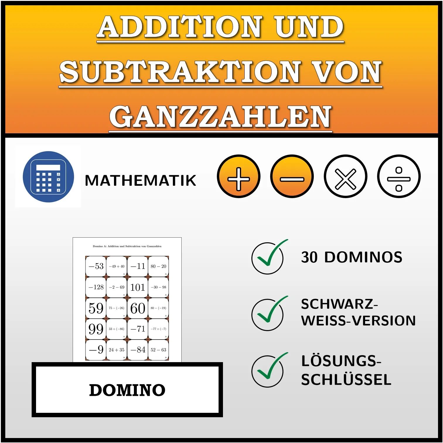 Domino: Addition und Subtraktion von Ganzzahlen