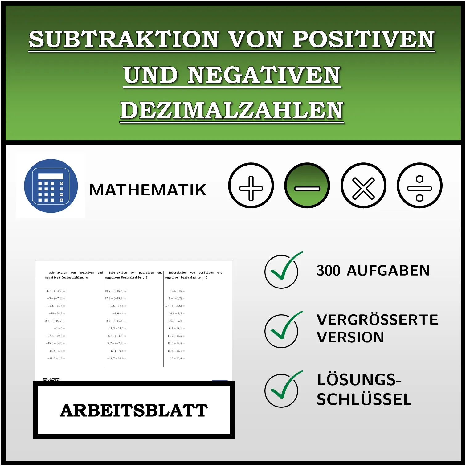 Arbeitsblatt: Subtraktion von positiven und negativen Dezimalzahlen