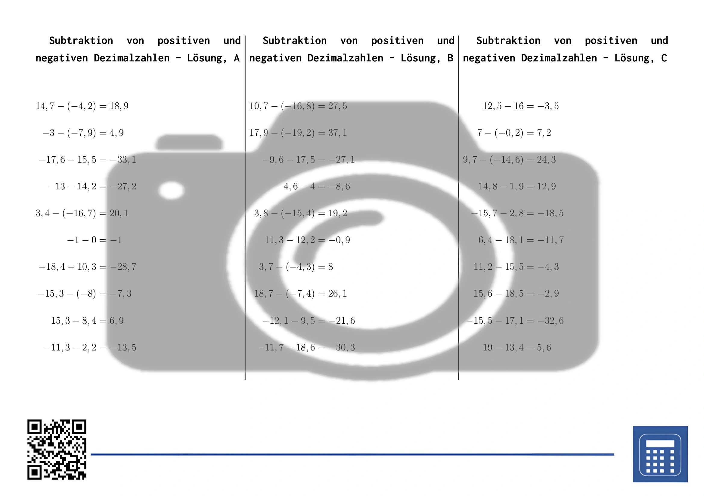 Arbeitsblatt: Subtraktion von positiven und negativen Dezimalzahlen – Bild 4