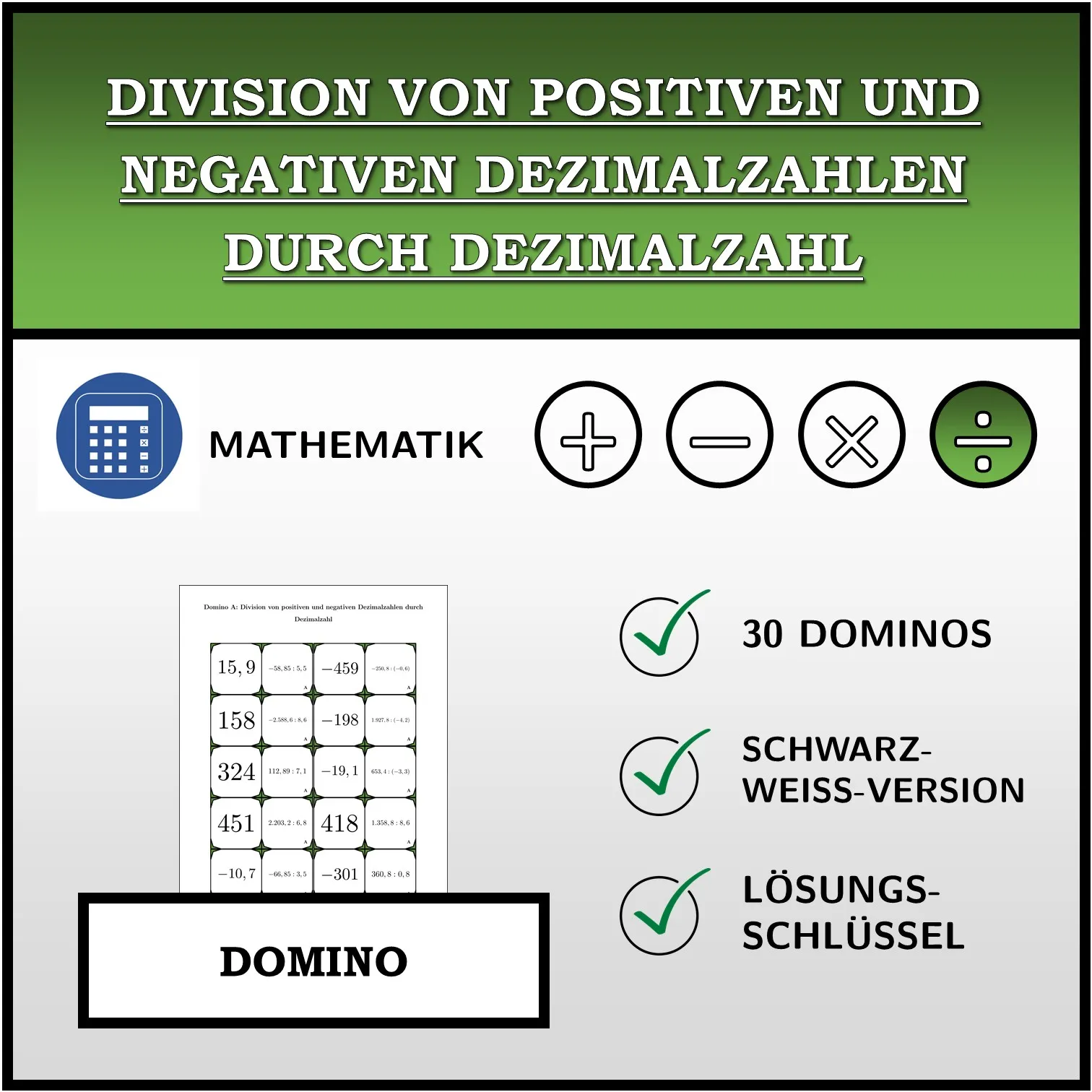 Domino: Division von positiven und negativen Dezimalzahlen durch Dezimalzahl