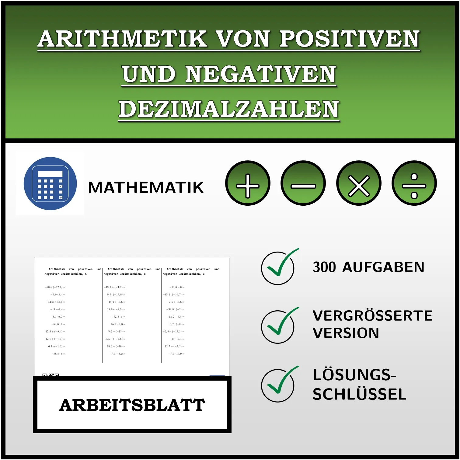 Arbeitsblatt: Arithmetik von positiven und negativen Dezimalzahlen