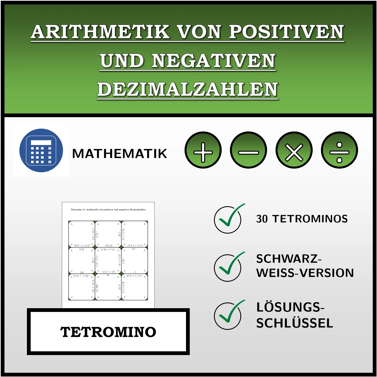 Tetromino: Arithmetik von positiven und negativen Dezimalzahlen