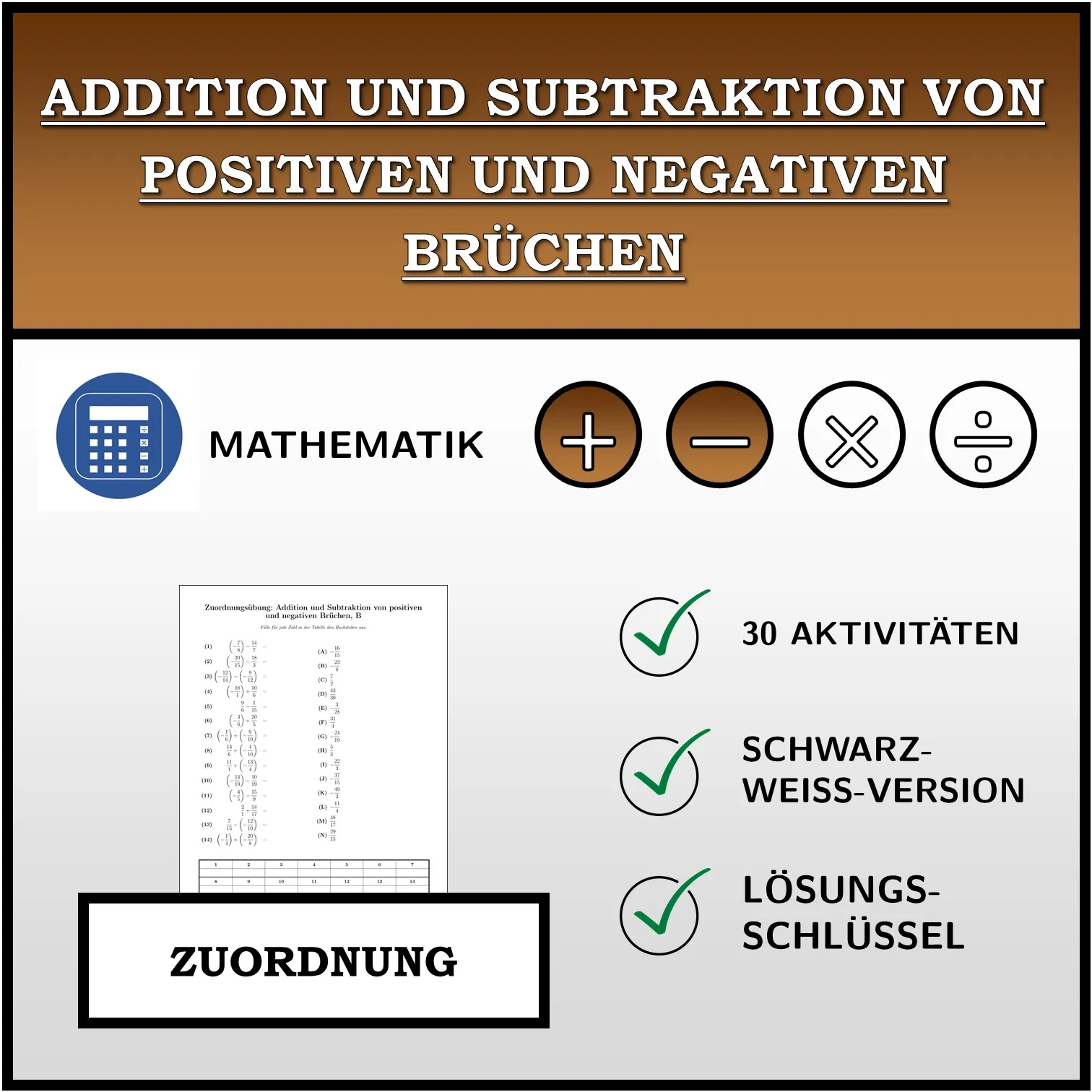 Zuordnungsübung: Addition und Subtraktion von positiven und negativen Brüchen