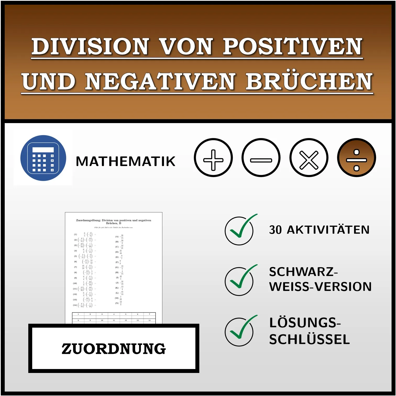 Zuordnungsübung: Division von positiven und negativen Brüchen