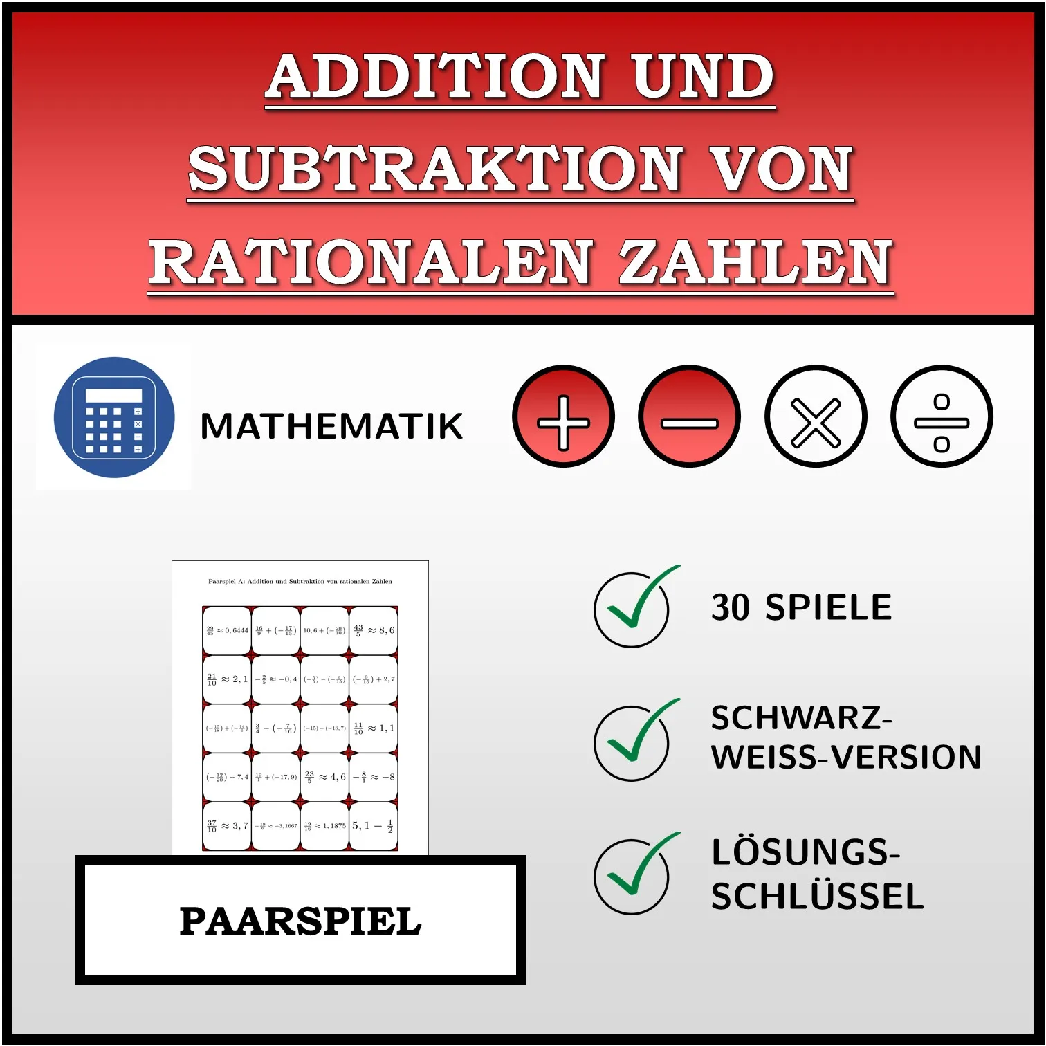 Paarspiel: Addition und Subtraktion von rationalen Zahlen