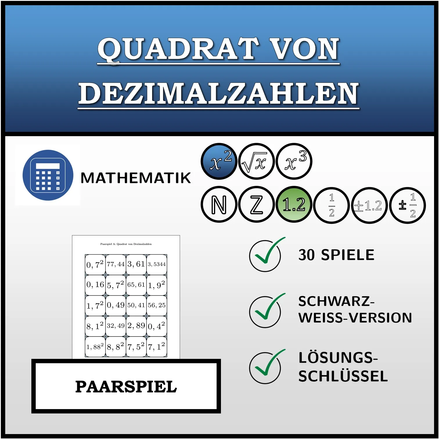 Paarspiel: Quadrat von Dezimalzahlen