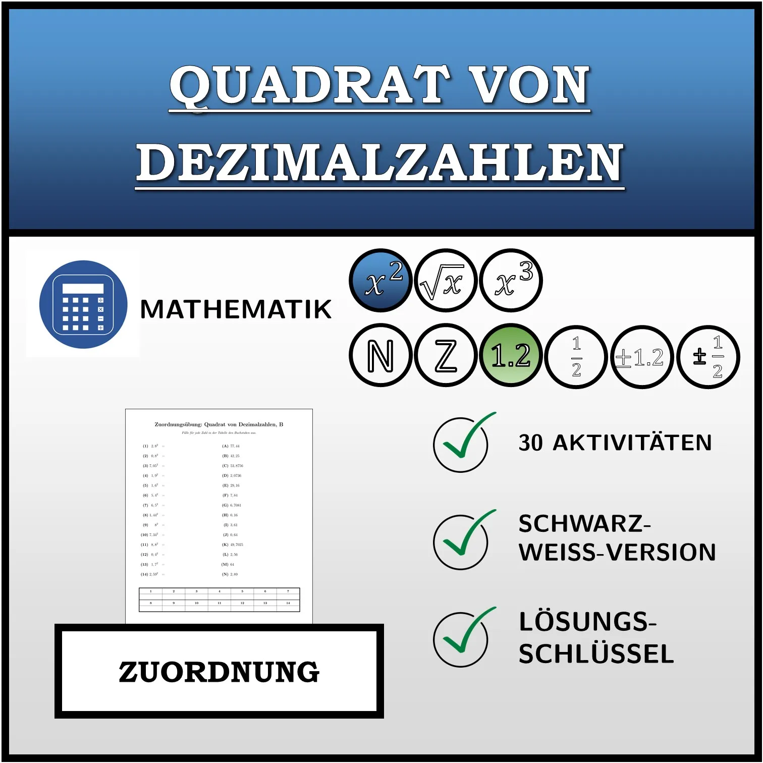 Zuordnungsübung: Quadrat von Dezimalzahlen