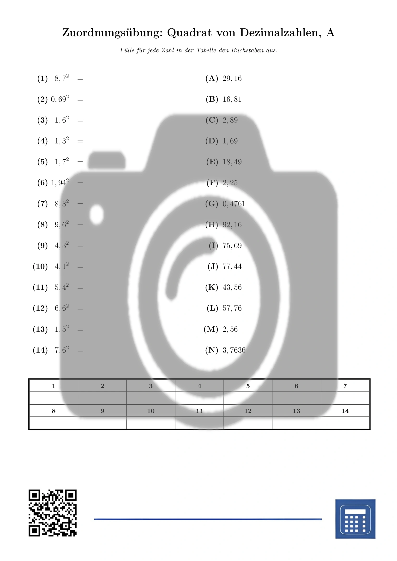 Zuordnungsübung: Quadrat von Dezimalzahlen – Bild 2
