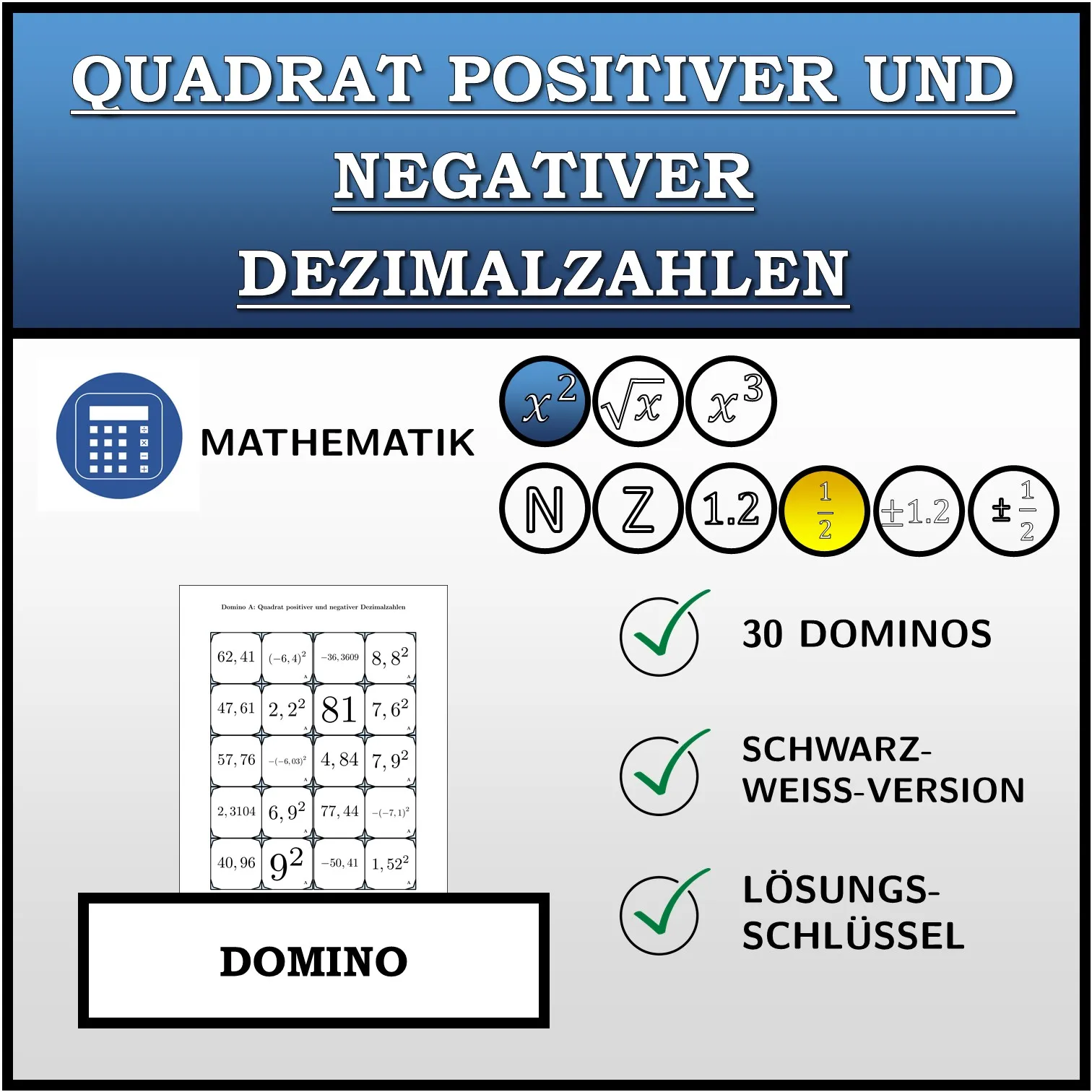 Domino: Quadrat positiver und negativer Dezimalzahlen