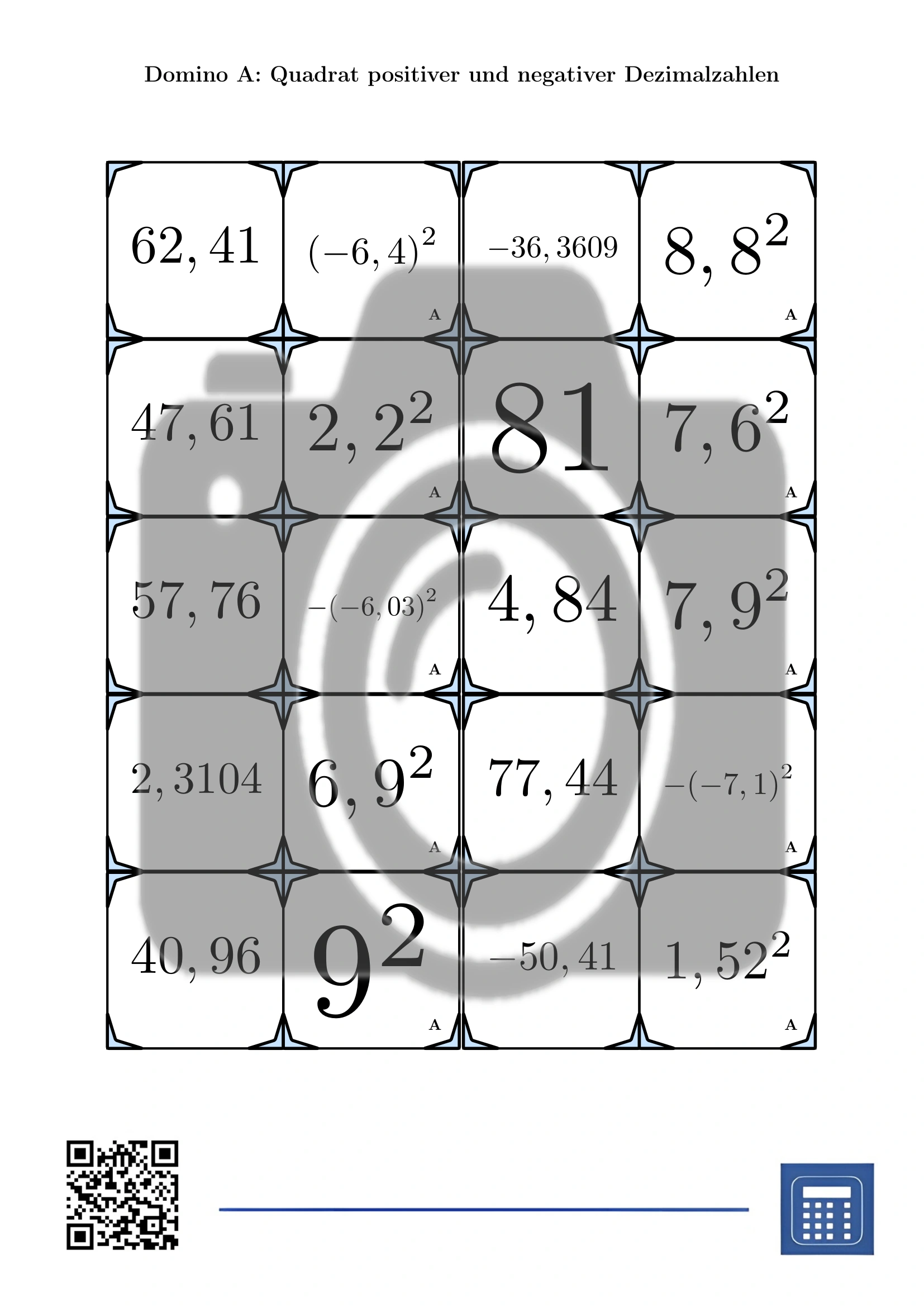 Domino: Quadrat positiver und negativer Dezimalzahlen – Bild 2
