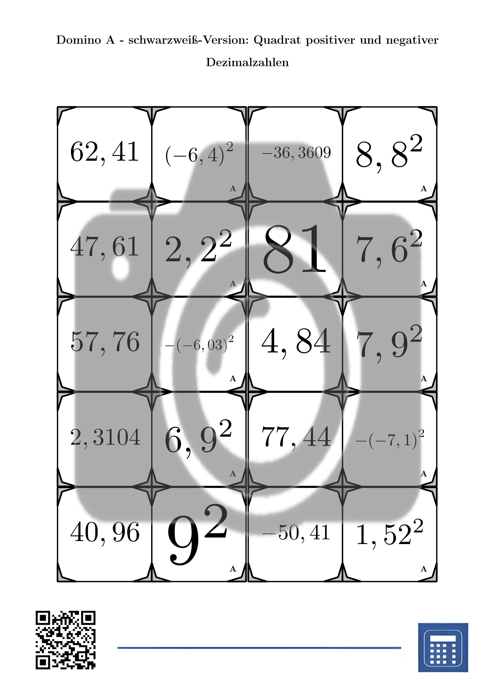 Domino: Quadrat positiver und negativer Dezimalzahlen – Bild 3