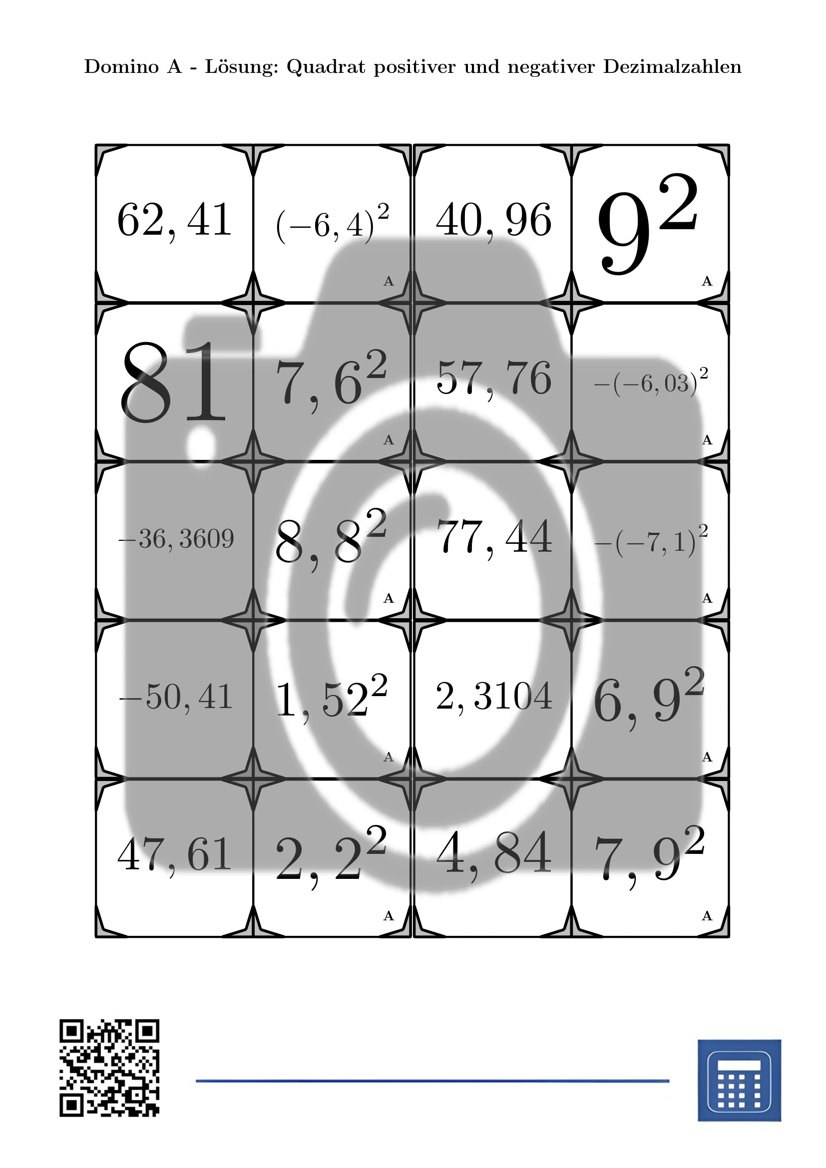 Domino: Quadrat positiver und negativer Dezimalzahlen – Bild 4