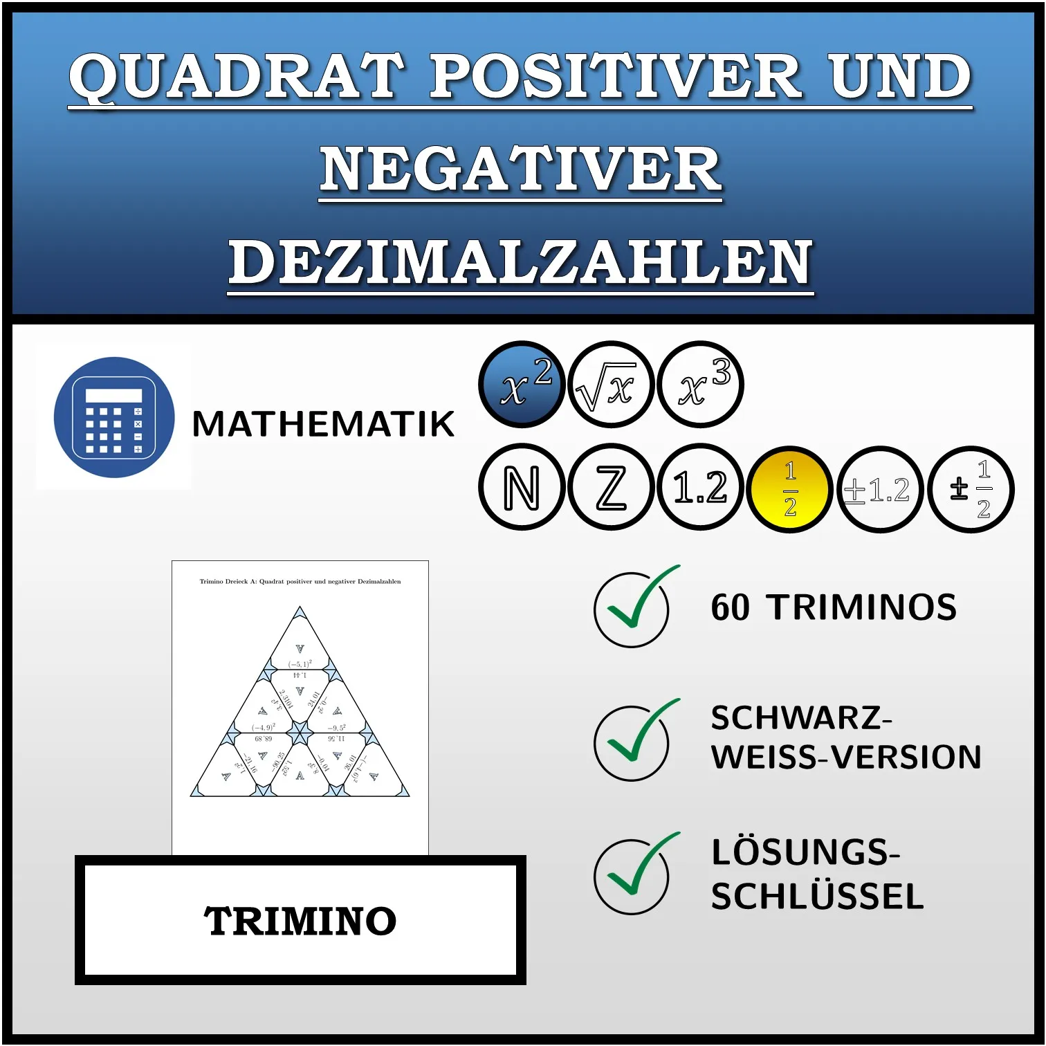 Trimino: Quadrat positiver und negativer Dezimalzahlen