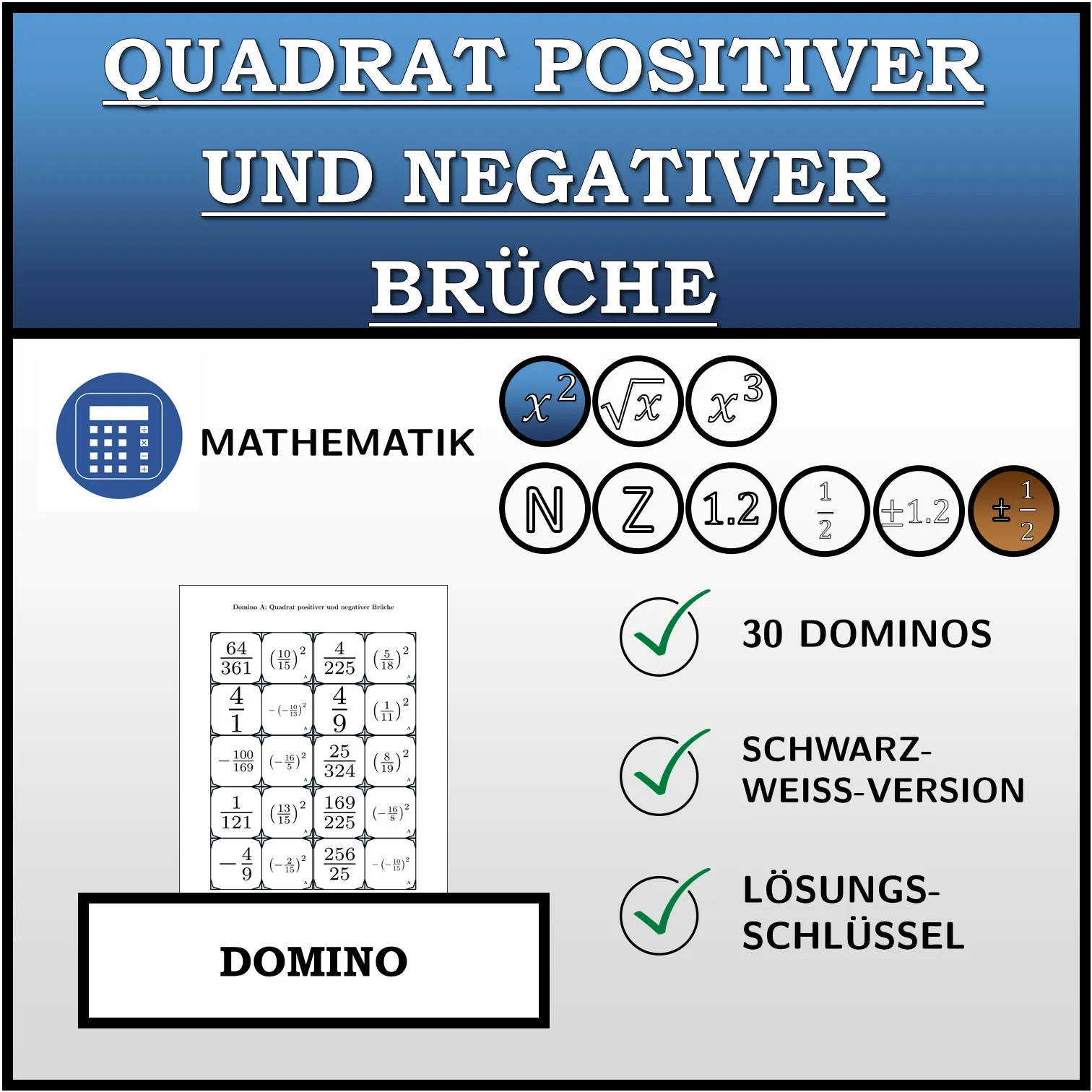 Domino: Quadrat positiver und negativer Brüche