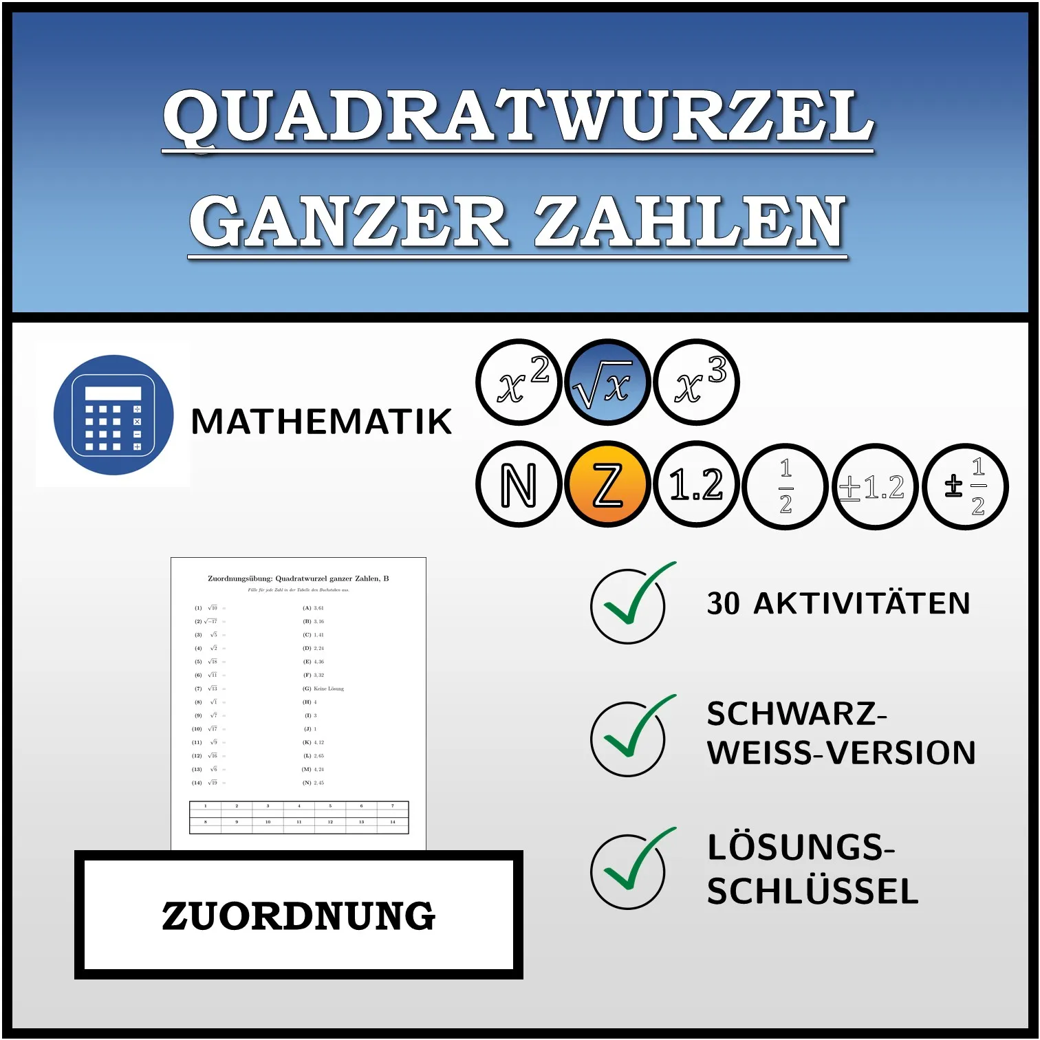 Zuordnungsübung: Quadratwurzel ganzer Zahlen