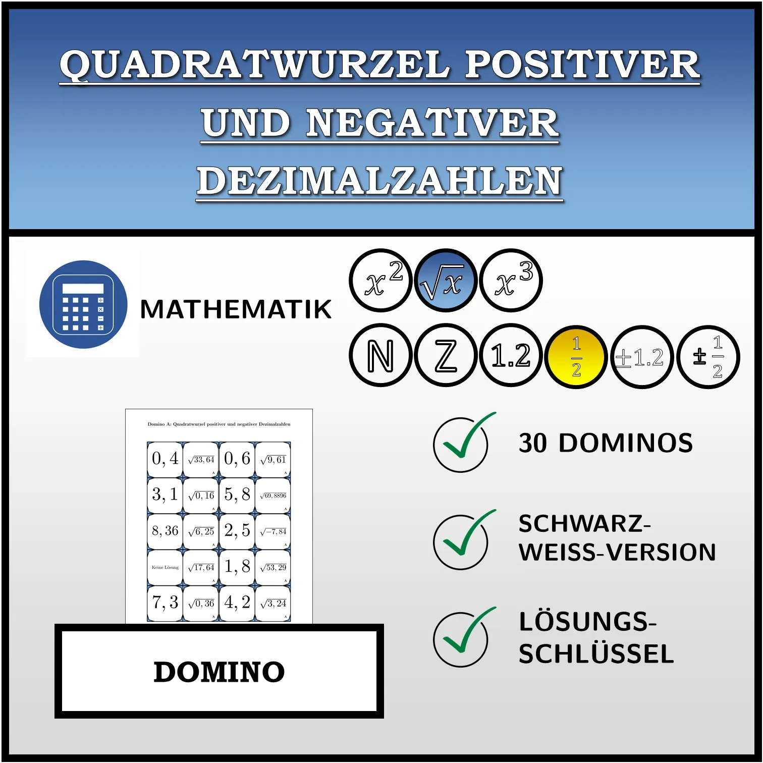 Domino: Quadratwurzel positiver und negativer Dezimalzahlen